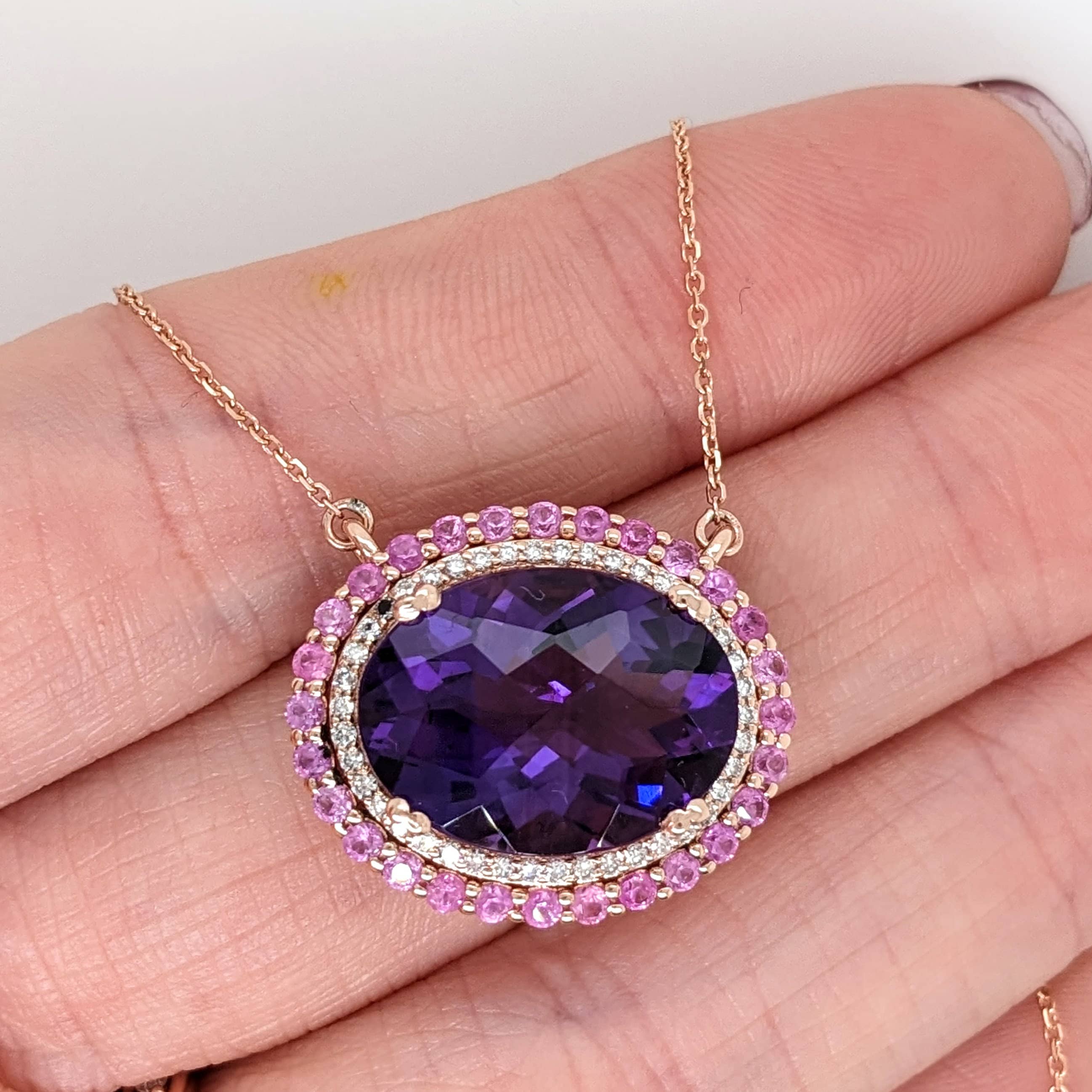 Pendants-Royal Purple Amethyst Ring with Pink Sapphire and Natural Diamond Accents in Solid 14K Rose Gold || Oval 16x12mm || February Birthstone || - NNJGemstones