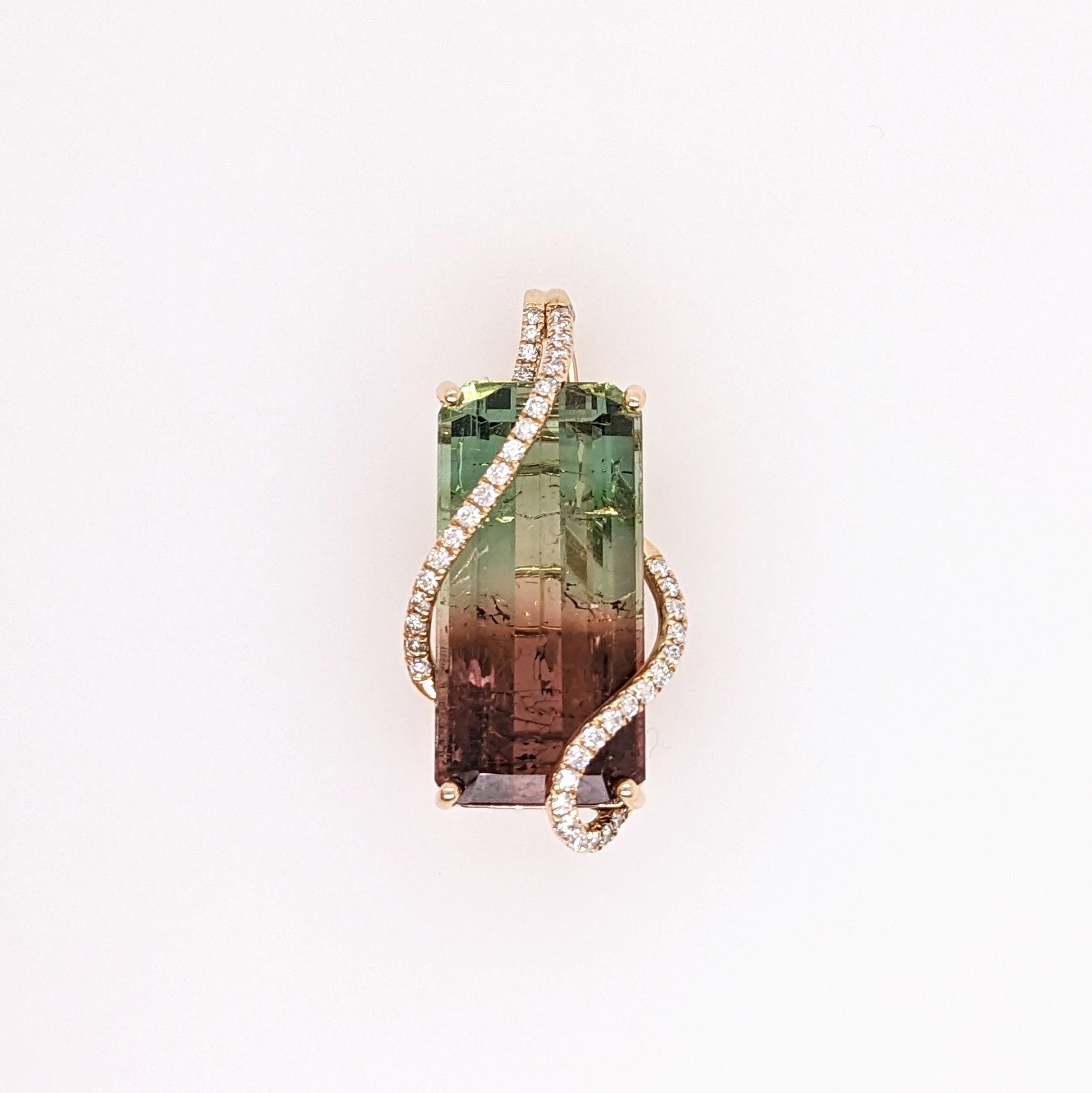 Pendants-Unique Bi Colored Tourmaline Pendant in Solid 14K Yellow Gold with Natural Diamond Accents || Emerald Cut 22x11mm || October Birthstone || - NNJGemstones