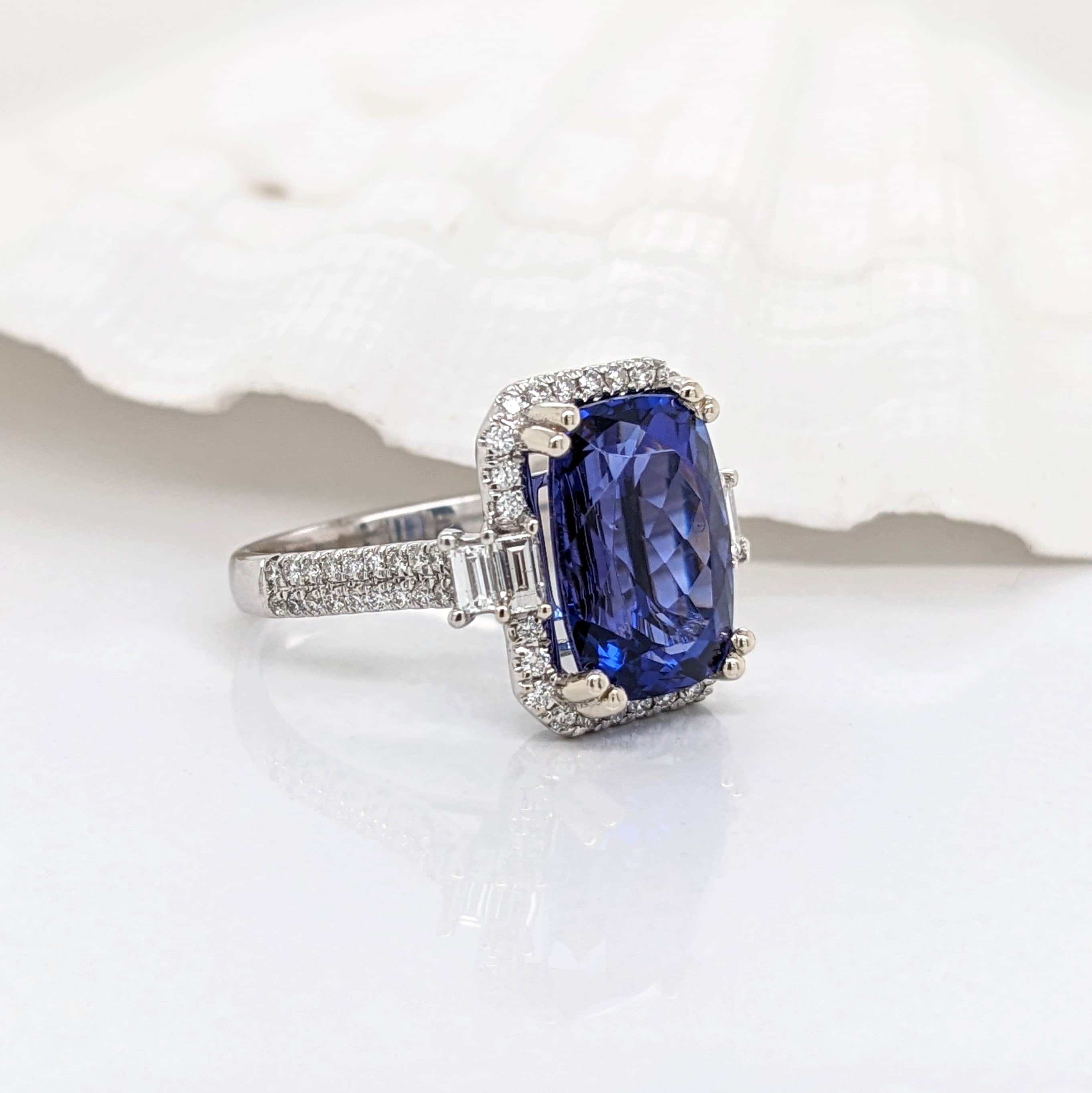 Statement Rings-6.5carat Tanzanite AAAA color in 14k Solid White Gold w Natural Diamonds || Cushion Cut 12x8mm || December Birthstone || Customizable || - NNJGemstones