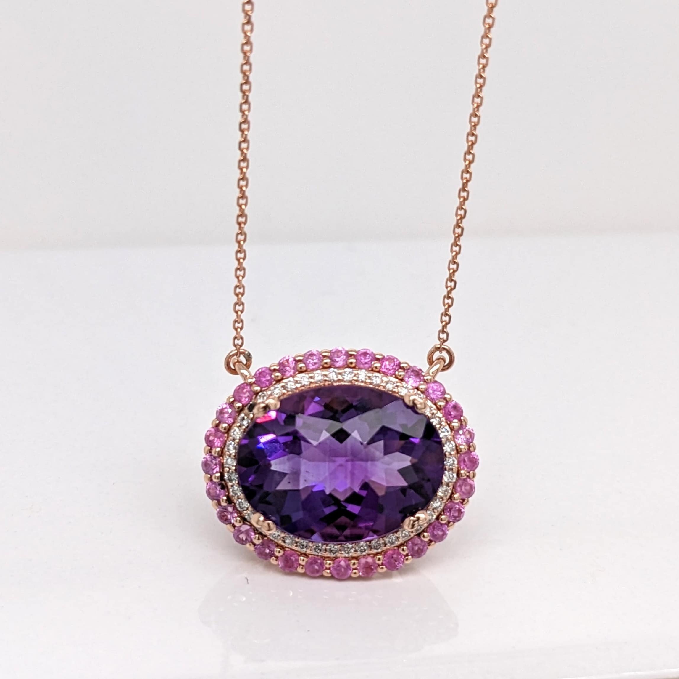Pendants-Royal Purple Amethyst Ring with Pink Sapphire and Natural Diamond Accents in Solid 14K Rose Gold || Oval 16x12mm || February Birthstone || - NNJGemstones
