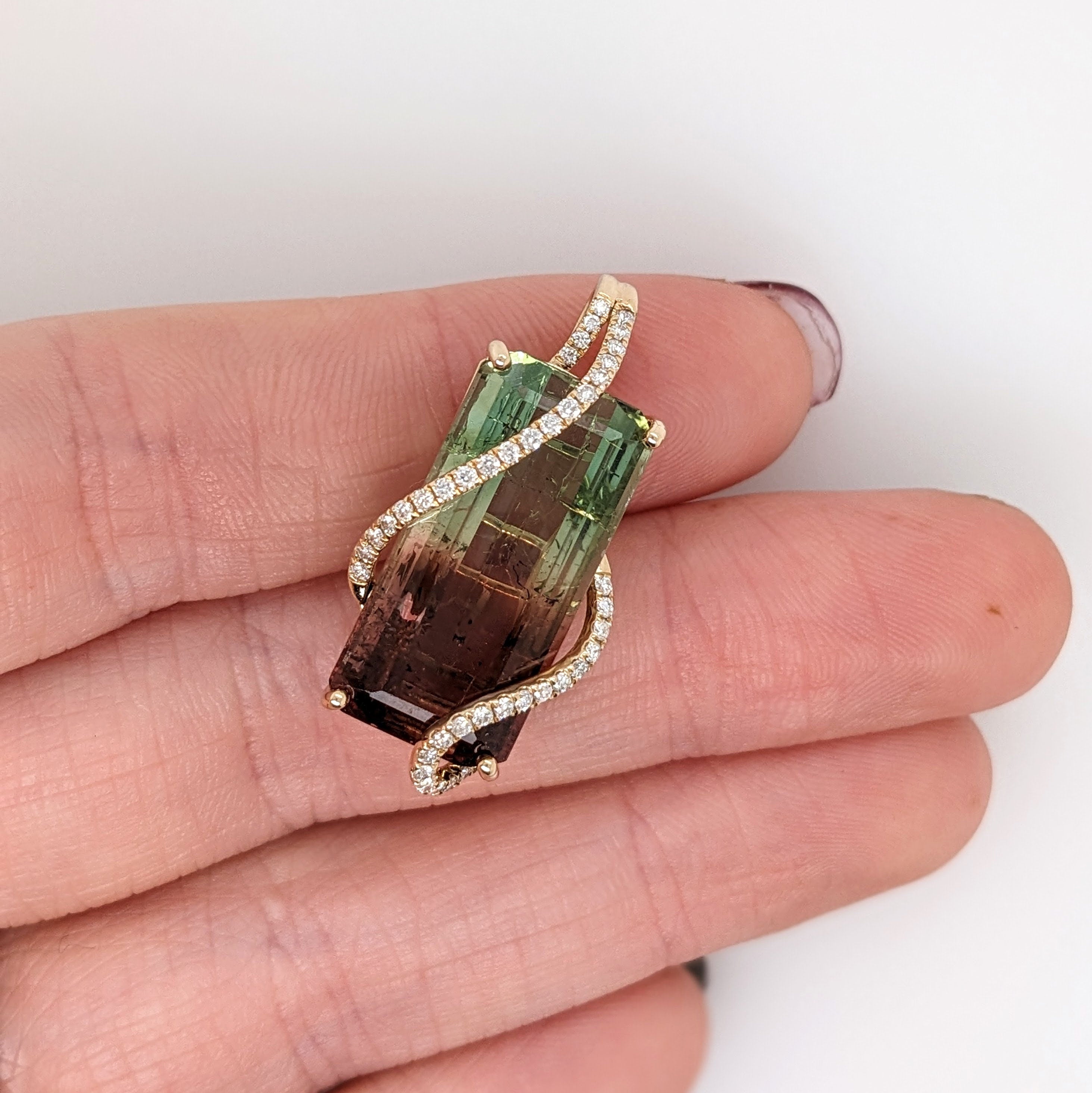 Pendants-Unique Bi Colored Tourmaline Pendant in Solid 14K Yellow Gold with Natural Diamond Accents || Emerald Cut 22x11mm || October Birthstone || - NNJGemstones