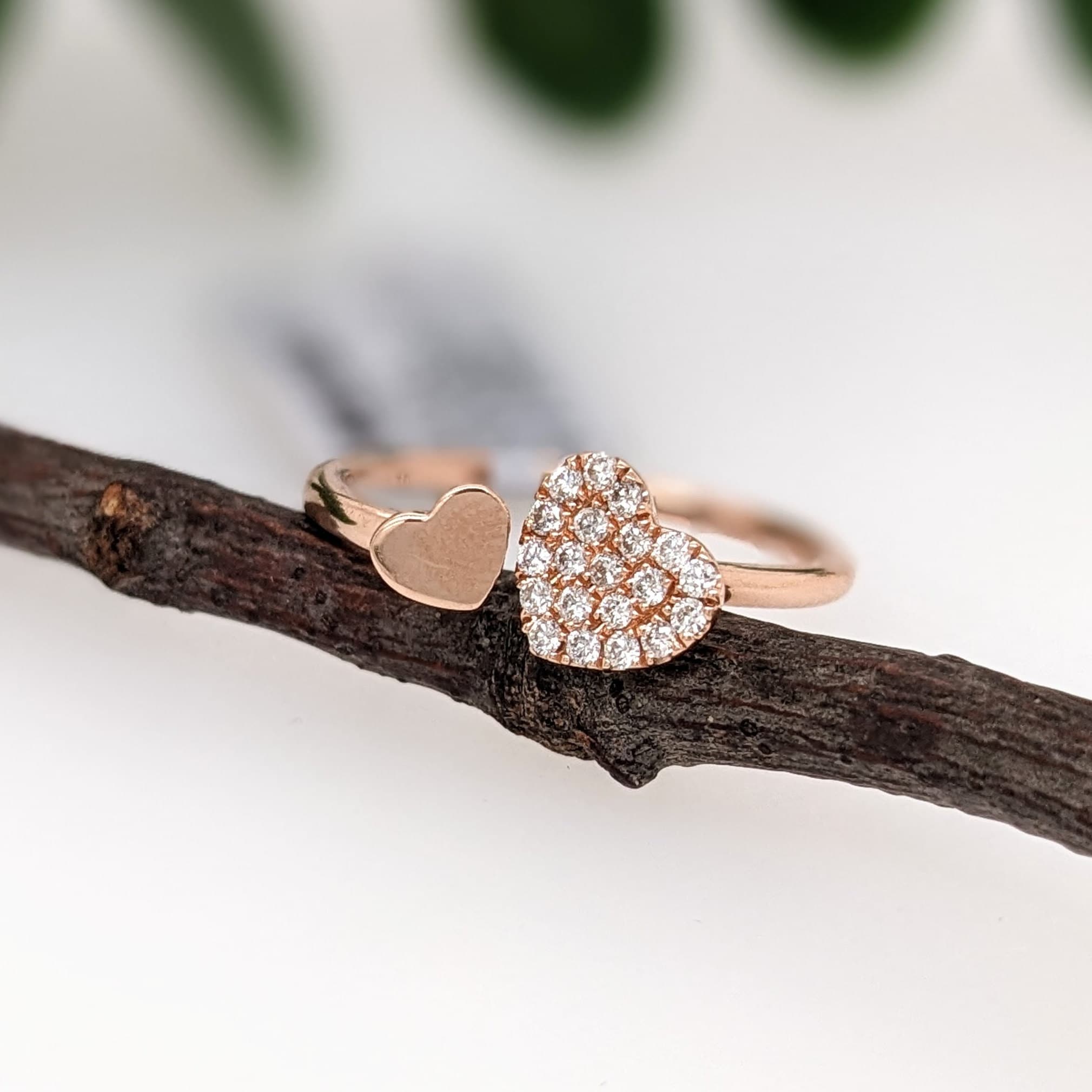 Stackable Rings-Cute Double Heart Open Band in Solid 14k Rose Gold || Round Diamonds || Valentines Day || Natural Diamonds || Stackable || Minimalistic || - NNJGemstones